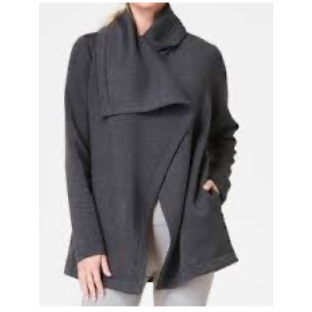 Spanx Air Essentials Drape Front Cardigan Dark Grey Pockets Cozy Versatile XS